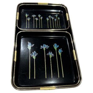 Set of 3 Japanese Lacquerware Nesting Serving Trays Blue Irises Woven Handles